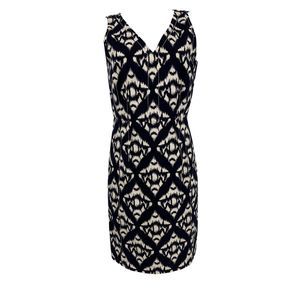 Talbots Dress Size 10 Sleeveless Stretch V Neck Ikat Print Navy White Lined